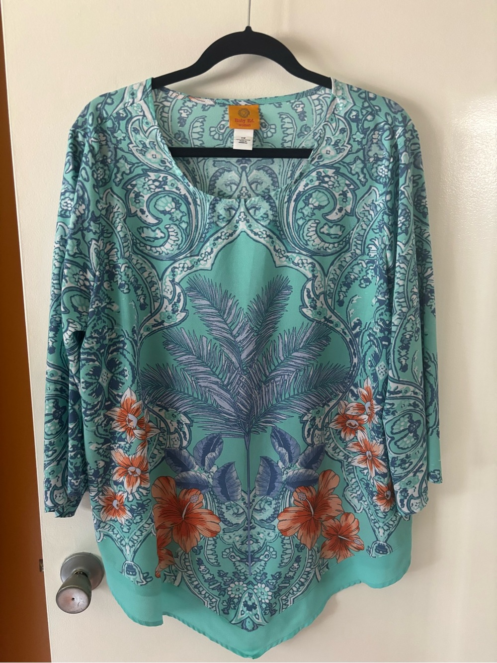 Ruby Rd. Mint Green Tropical Paisley Long Sleeve Tunic with Orange Floral 1X
